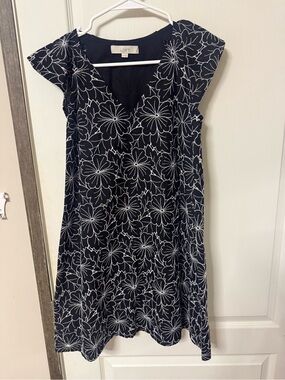 LOFT Black Midi Dress with White Floral Outline